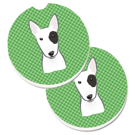 Carolines Treasures Green Checkered Bull Terrier Set of 2 Cup Holder Car Coaster BB1132CARC